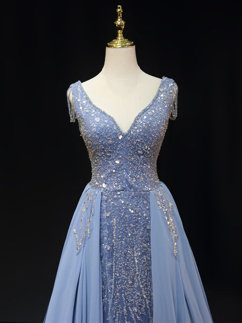 Light Blue Sequin Ball Gown with Chiffon - Pretty Sequin Dress - Sleeveless Ball Gown Plus Size